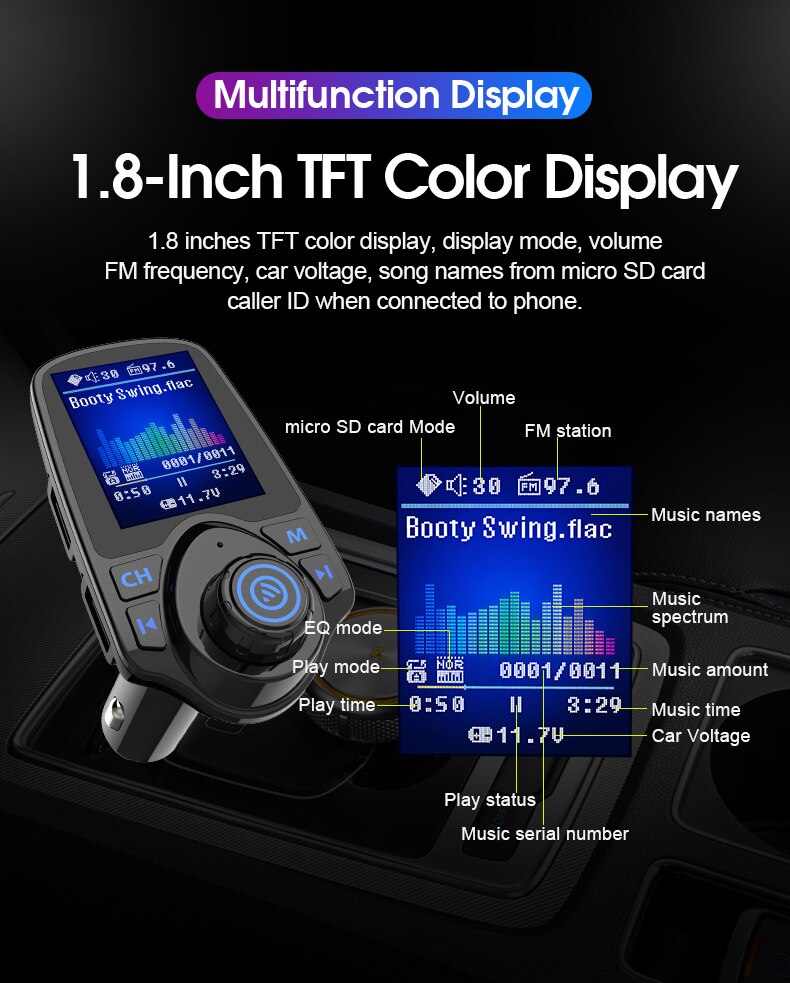CDEN car multimedia player color screen car mp3 player fm transmitter U disk / TF music Bluetooth Car Kit car charger