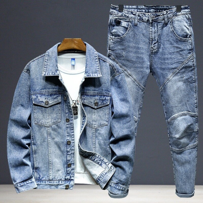 Fashion Men Denim Jacket Jeans Two Piece Set Autumn Slim Fit Matching Sets Casual Streetwear Winter Fleece Lining Cowboy Outfits