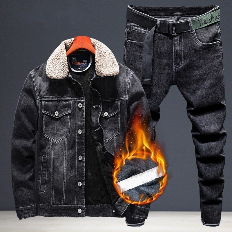 Fashion Men Denim Jacket Jeans Two Piece Set Autumn Slim Fit Matching Sets Casual Streetwear Winter Fleece Lining Cowboy Outfits