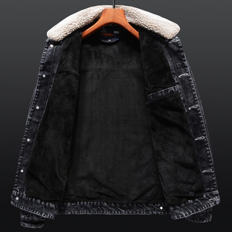 Fashion Men Denim Jacket Jeans Two Piece Set Autumn Slim Fit Matching Sets Casual Streetwear Winter Fleece Lining Cowboy Outfits