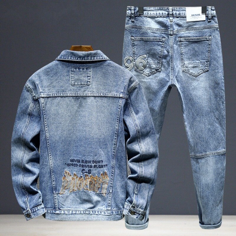 Fashion Men Denim Jacket Jeans Two Piece Set Autumn Slim Fit Matching Sets Casual Streetwear Winter Fleece Lining Cowboy Outfits