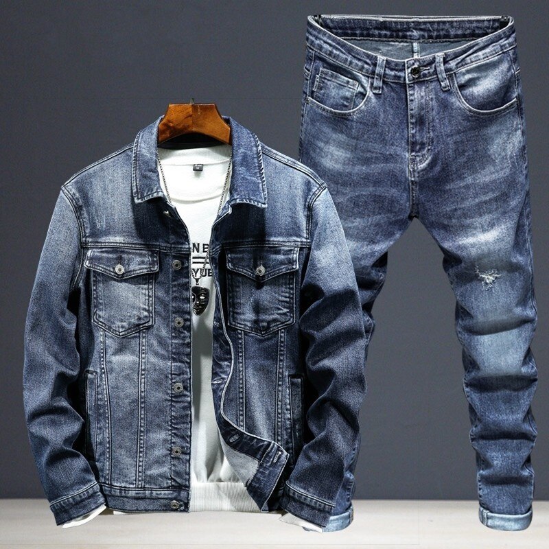 Fashion Men Denim Jacket Jeans Two Piece Set Autumn Slim Fit Matching Sets Casual Streetwear Winter Fleece Lining Cowboy Outfits